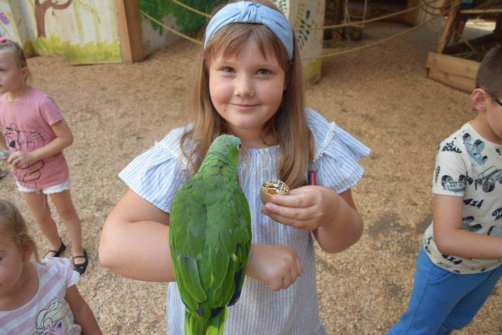 Zdjęcie przedstawiające dziewczynkę z papugą na dłoni